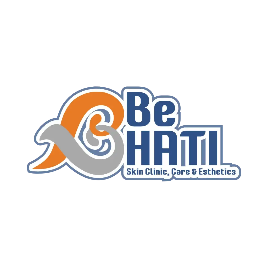 Logo Be HATI Skin Clinic, Care & Esthetics dengan elemen grafis berbentuk hati berwarna oranye dan abu-abu